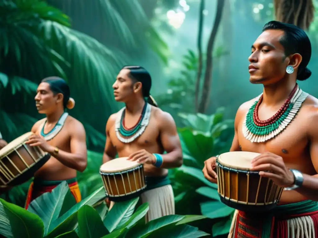 Recreación de música maya auténtica: grupo de músicos mayas tocando instrumentos tradicionales en la selva exuberante