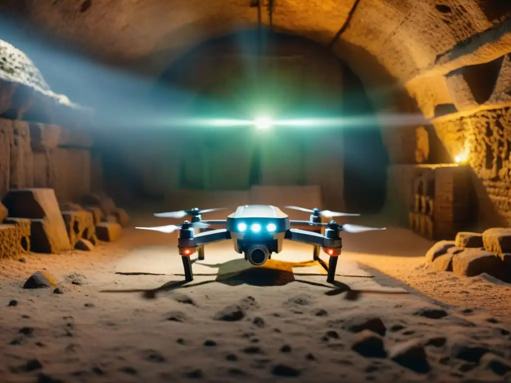 Exploración automatizada de túneles mayas: robot con sensores y cámaras explora un túnel iluminado por LED, contrastando con la piedra antigua