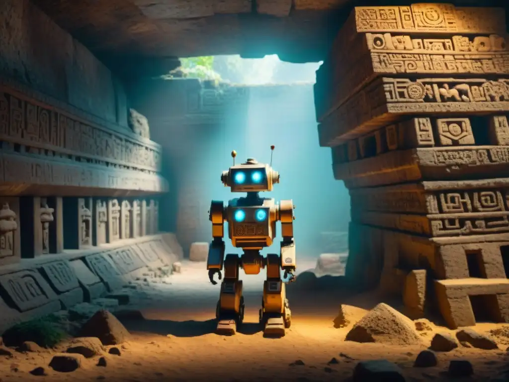 Exploración automatizada de túneles mayas: Robot avanzando entre ruinas antiguas iluminadas