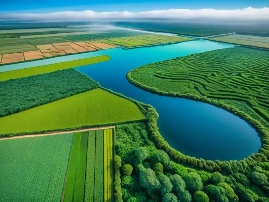 Avanzados sistemas de riego maya: Red de canales e irrigación con campos verdes y cielo azul