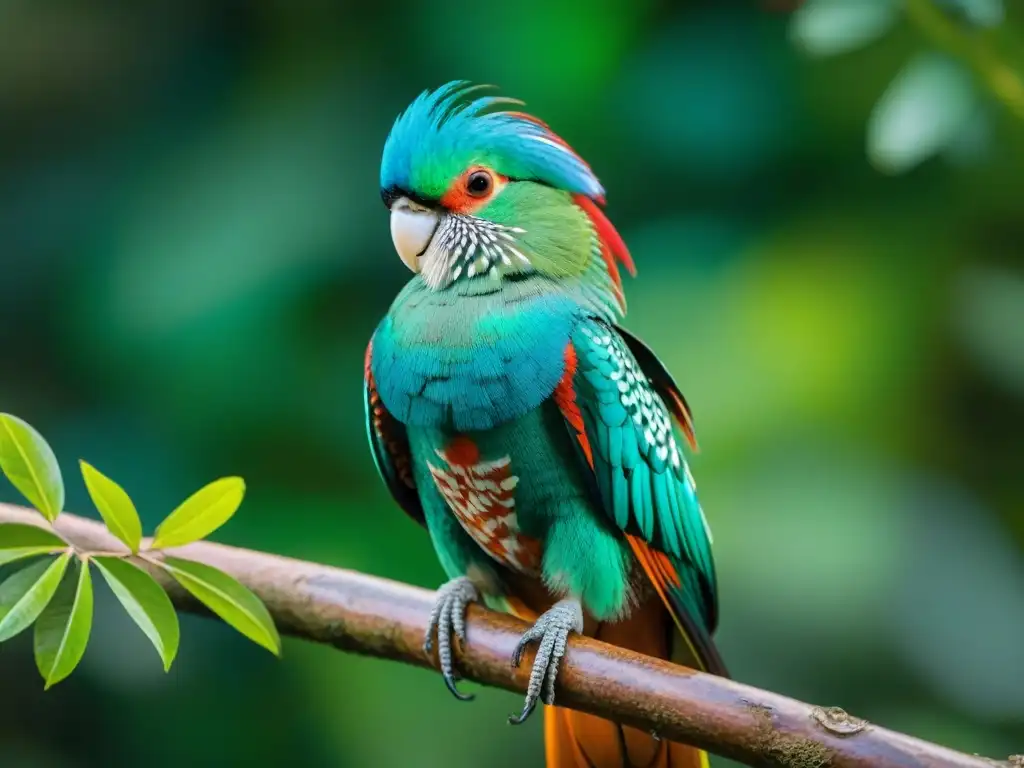 Avistamiento de aves en la cultura maya: Un Quetzal vibrante posado en una rama verde, destacando su belleza exótica en la selva tropical