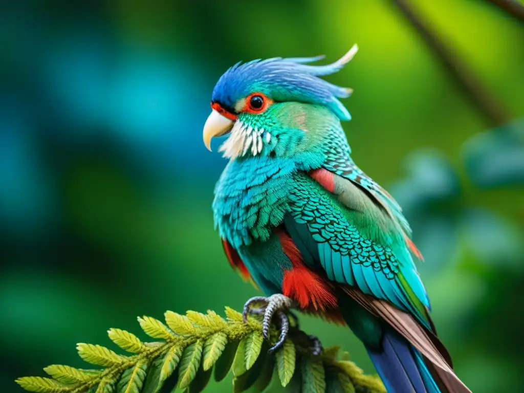 Avistamiento de aves en cultura maya: Quetzal vibrante en rama verde, plumaje iridiscente bajo luz cálida de la selva