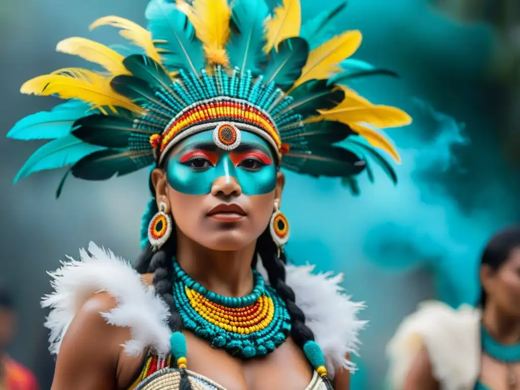 Un bailarín maya con atuendo ritual detallado, plumas vibrantes y significado cultural