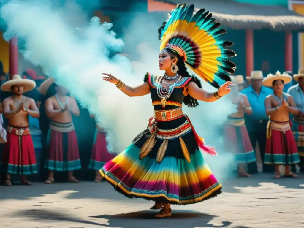 Un bailarín maya contemporáneo en vibrante atuendo, danzando en un mercado guatemalteco