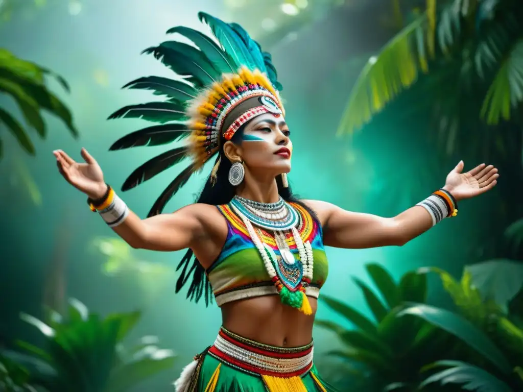 Un bailarín maya en traje ceremonial vibrante, con tocado de plumas y joyas coloridas, danza en la selva