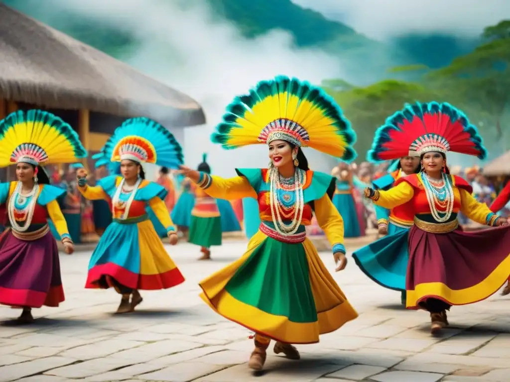 Un baile ceremonial maya en una plaza vibrante, con danzantes y espectadores en un ambiente festivo y cultural