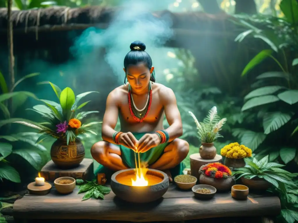 Un baño de hierbas mayas purificación en la selva, con un chamán preparando un caldero de hierbas aromáticas