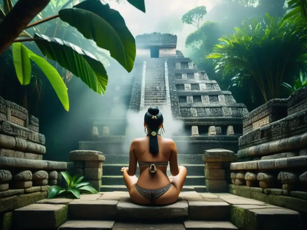 Baños de vapor mayas ritual en una estructura de piedra rodeada de exuberante vegetación, con luz solar filtrándose entre las hojas