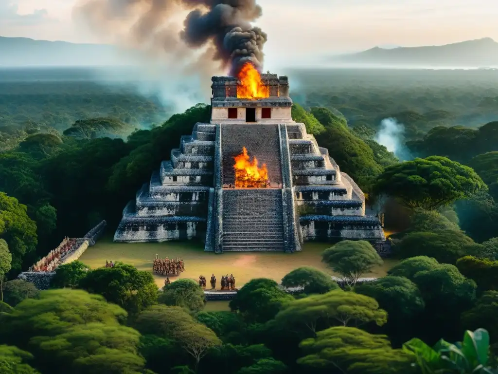 Batalla en la antigua ciudad maya de Dos Pilas: soldados en guerra, edificios ardiendo y selva exuberante