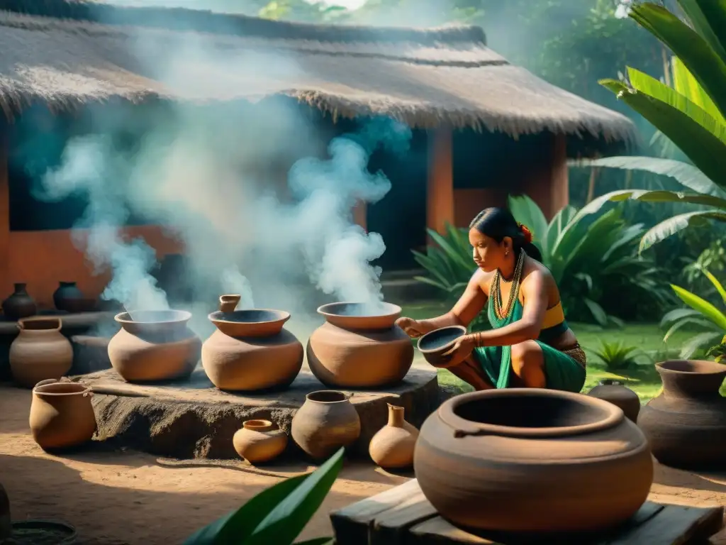 Producción de bebidas espirituosas mayas en la selva, con indígenas cuidando ollas de agave fermentado junto a un antiguo templo