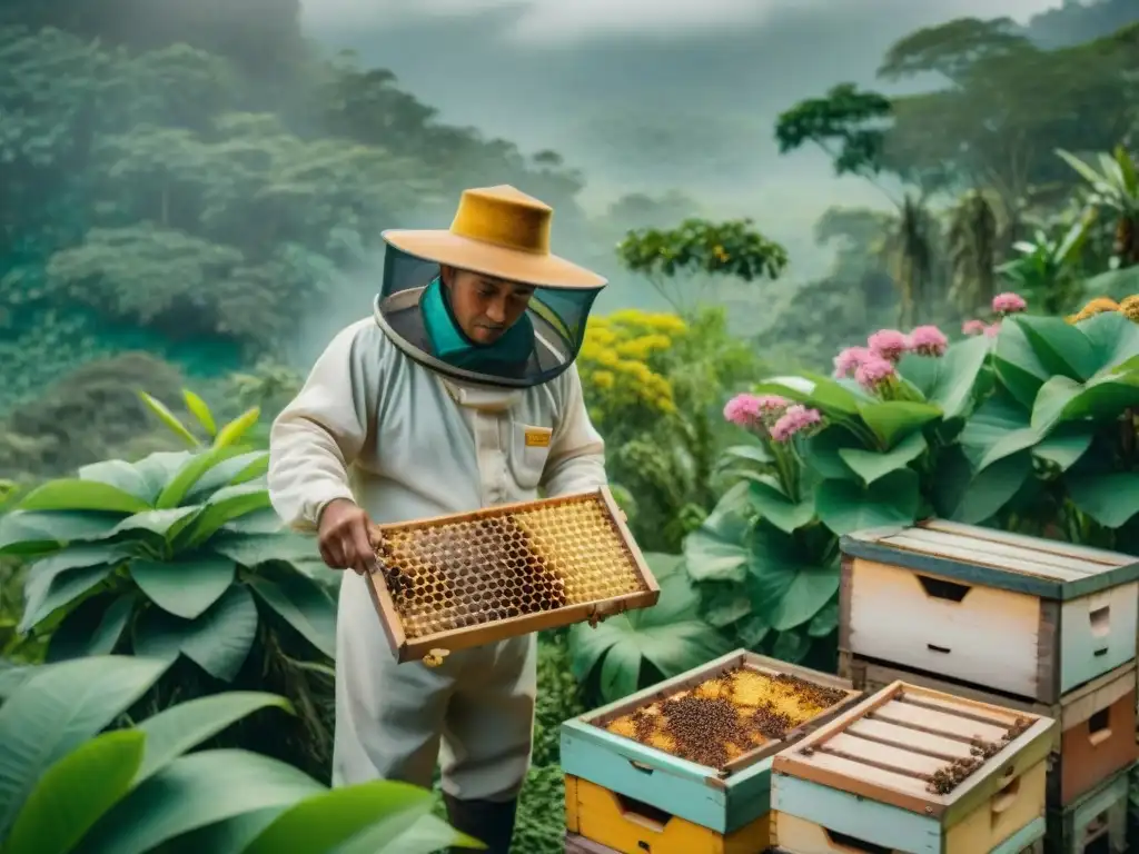 Beekeeper maya inspeccionando colmenas en la selva