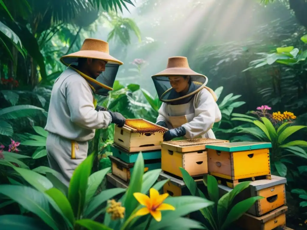 Beekeepers mayas en la jungla, recolectando miel con herramientas tradicionales entre flores tropicales