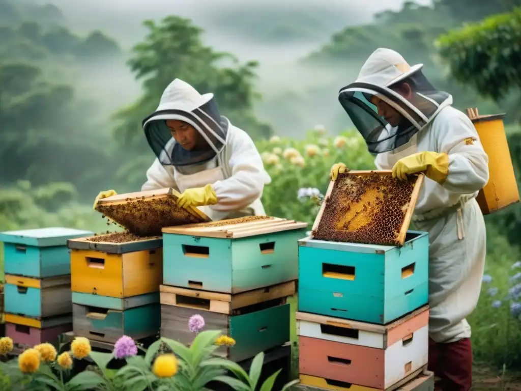 Beekeepers mayas recolectando miel en apiario vibrante, rodeados de flores nativas