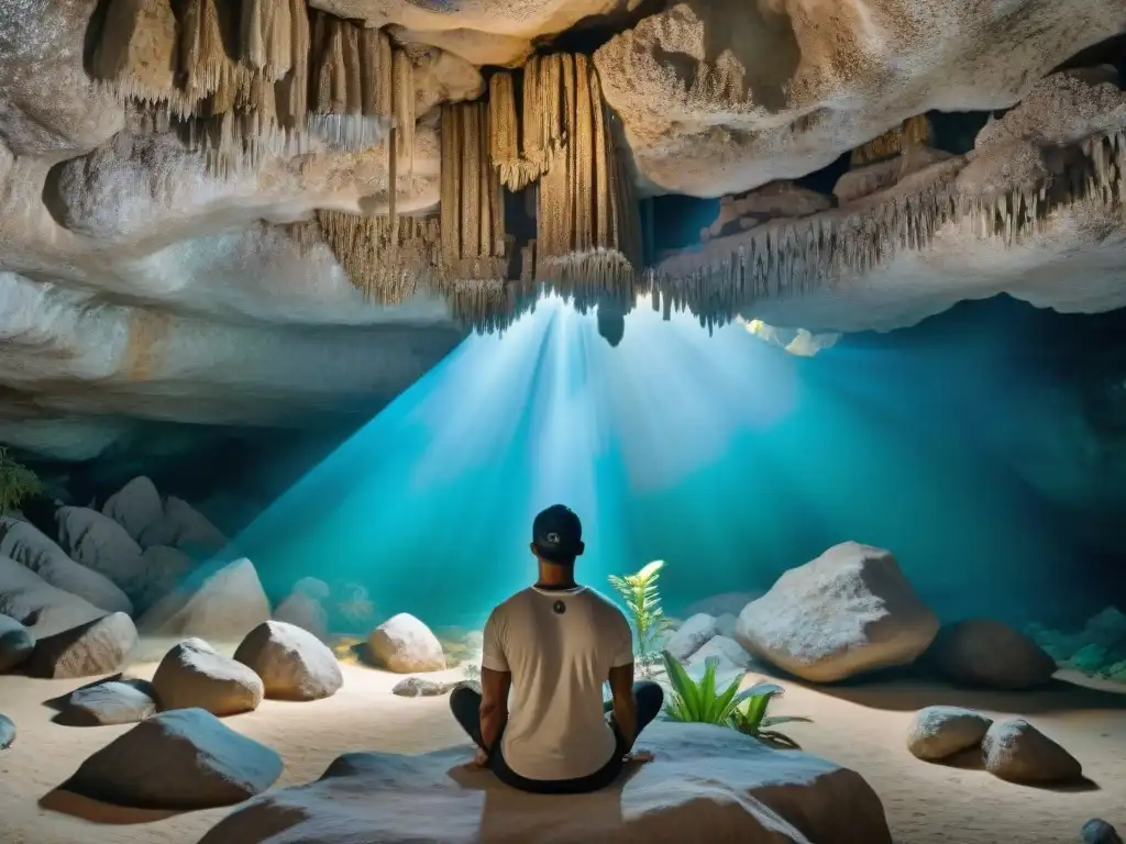 Explora la belleza de las Cavernas de Cristal de Belice con formaciones cristalinas, en la tenue luz de la linterna del explorador