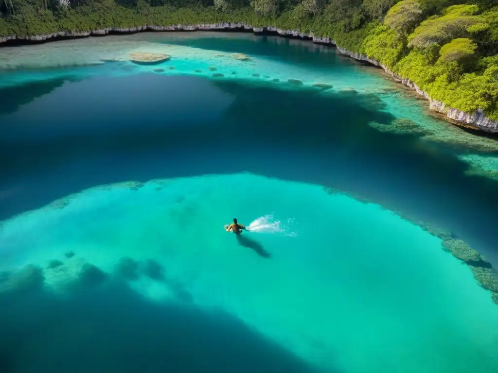 Explorando la belleza de los cenotes en la cultura maya: un cenote azul rodeado de exuberante vegetación, con juegos de luz y sombra en el agua