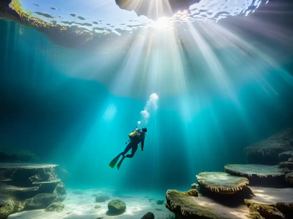 Descubre la belleza de los cenotes mayas con estalactitas y estalagmitas en aguas cristalinas, peces y patrones de luz