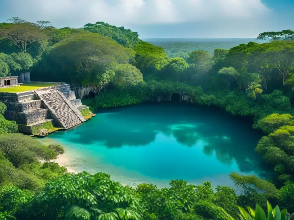 Explora la belleza y misterio del Cenote Sagrado en Chichén Itzá, mostrando aguas turquesas y ruinas antiguas entre exuberante vegetación