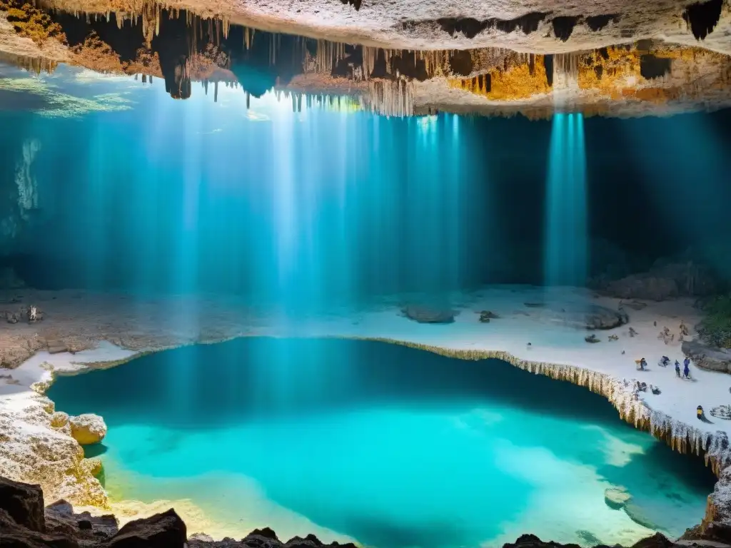 Explora la belleza mística de los cenotes en la Cosmovisión Maya, iluminados por la luz natural en la caverna subterránea