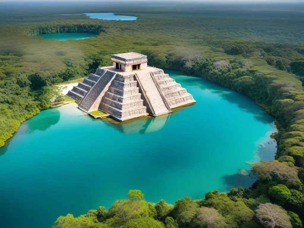 Explora la belleza de las piscinas sagradas mayas arquitectura en Chichén Itzá, con aguas turquesas y ruinas antiguas entre vegetación exuberante