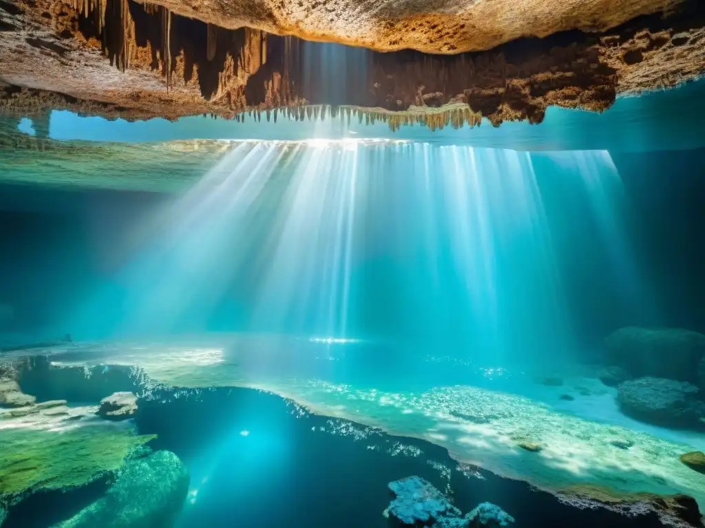 Explorando la belleza y el significado cultural de los cenotes, con estalactitas y reflejos en aguas cristalinas bajo la luz del sol