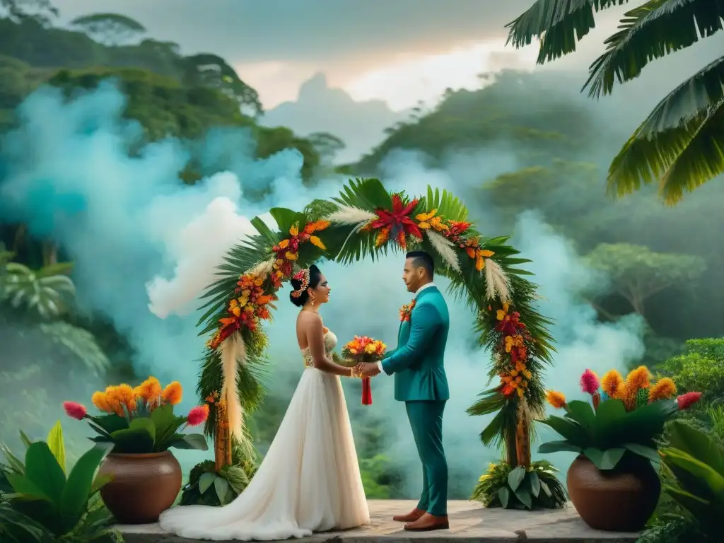 Boda maya en la jungla con significado rituales matrimonio cultura maya: pareja intercambia votos bajo un arco de flores tropicales