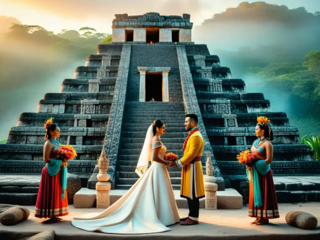 Una boda maya llena de significado espiritual al amanecer, con antiguas ruinas de fondo, vestimenta y rituales tradicionales