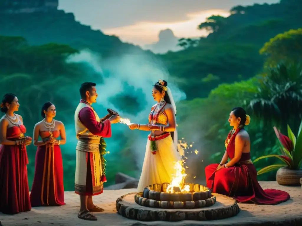 Boda maya en la selva: novios con atuendos tradicionales, rituales sagrados bajo el cielo estrellado