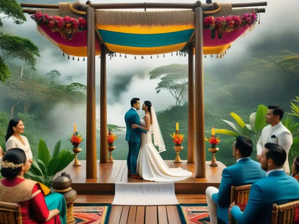 Una boda maya en la selva: novios con atuendos ceremoniales, símbolos culturales y decoraciones florales vibrantes