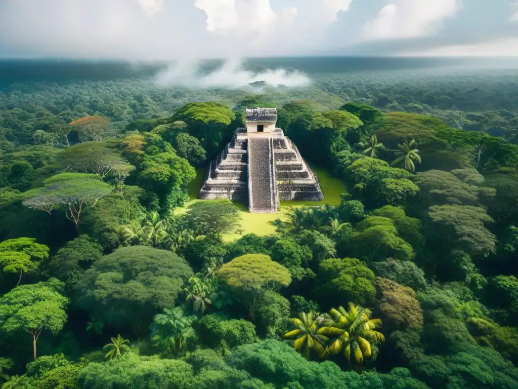 Un bosque maya antiguo lleno de vegetación exuberante y vida silvestre, con ruinas antiguas entre la densa vegetación