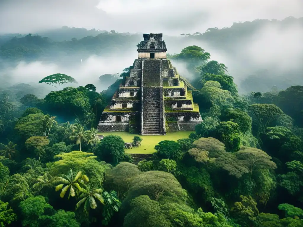 Un bosque tropical denso en Guatemala con ruinas mayas entre la vegetación, envuelto en neblina misteriosa