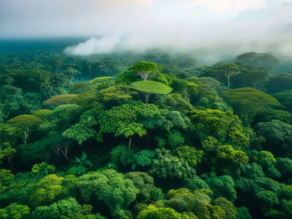 Un bosque tropical exuberante en la reserva de la biosfera Maya, mostrando plantas vibrantes junto a ruinas antiguas