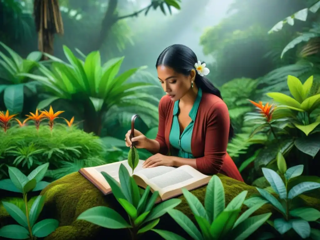 Un botánico maya examina plantas exóticas en un jardín tropical, mostrando conocimiento botánico maya aplicado