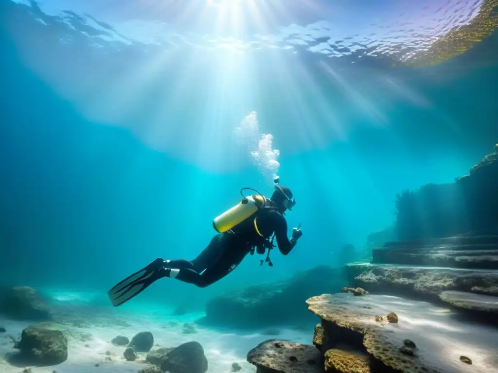 Un buceador explorando cenote sagrado, descubre joyas mayas bajo el agua