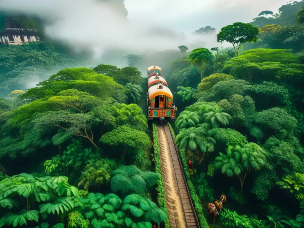 Un bullicioso convoy maya avanza por antiguas rutas comerciales en selva, con sus coloridos bienes y carrozas adornadas