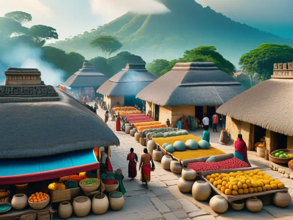 Un bullicioso mercado en una ciudadestado Maya, con vendedores de textiles y frutas