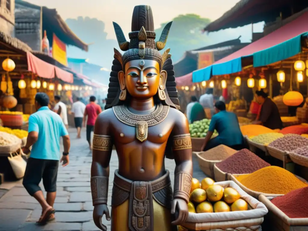 En el bullicioso mercado, la estatua de Ek Chuah, dios maya del comercio y el cacao, se alza orgullosa bajo la luz dorada del atardecer