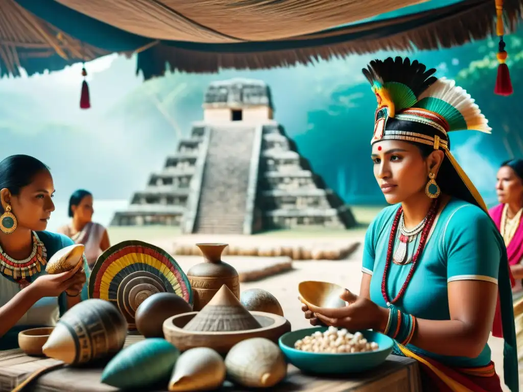 Un bullicioso mercado maya en alta resolución con el uso de conchas marinas mayas en primer plano y coloridos comerciantes mayas intercambiando bienes