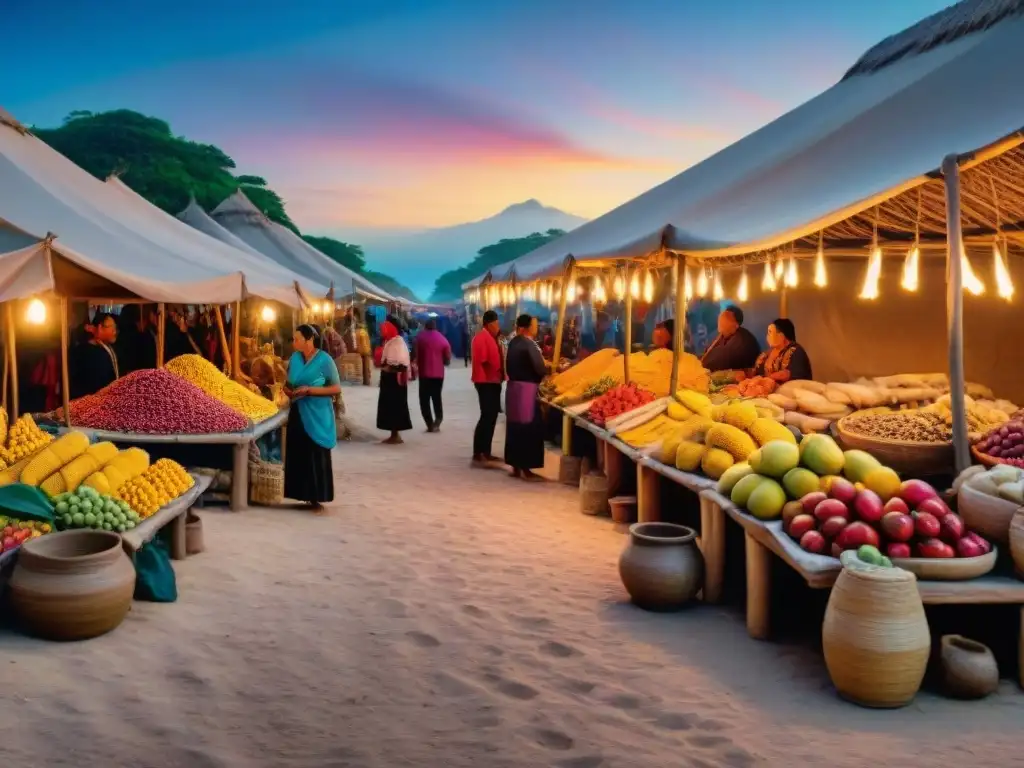 Un bullicioso mercado maya bajo un cielo estrellado, con prácticas comerciales y agrícolas mayas