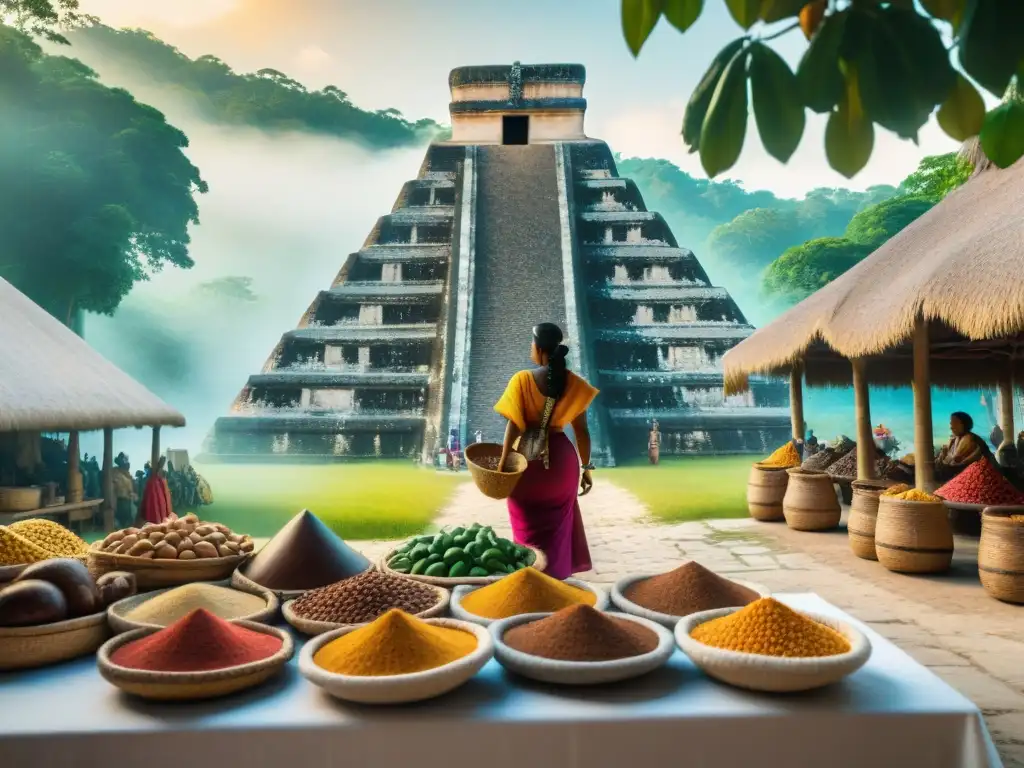 El bullicioso mercado maya con comercio de cacao y textiles vibrantes bajo el sol en la antigua civilización maya