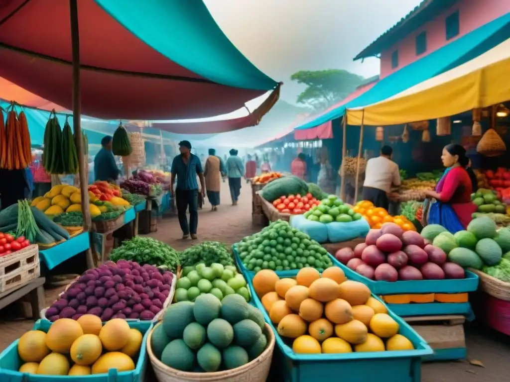 Un bullicioso mercado Maya, lleno de colores y sabores, con vendedores y clientes interactuando en un ambiente vibrante y animado