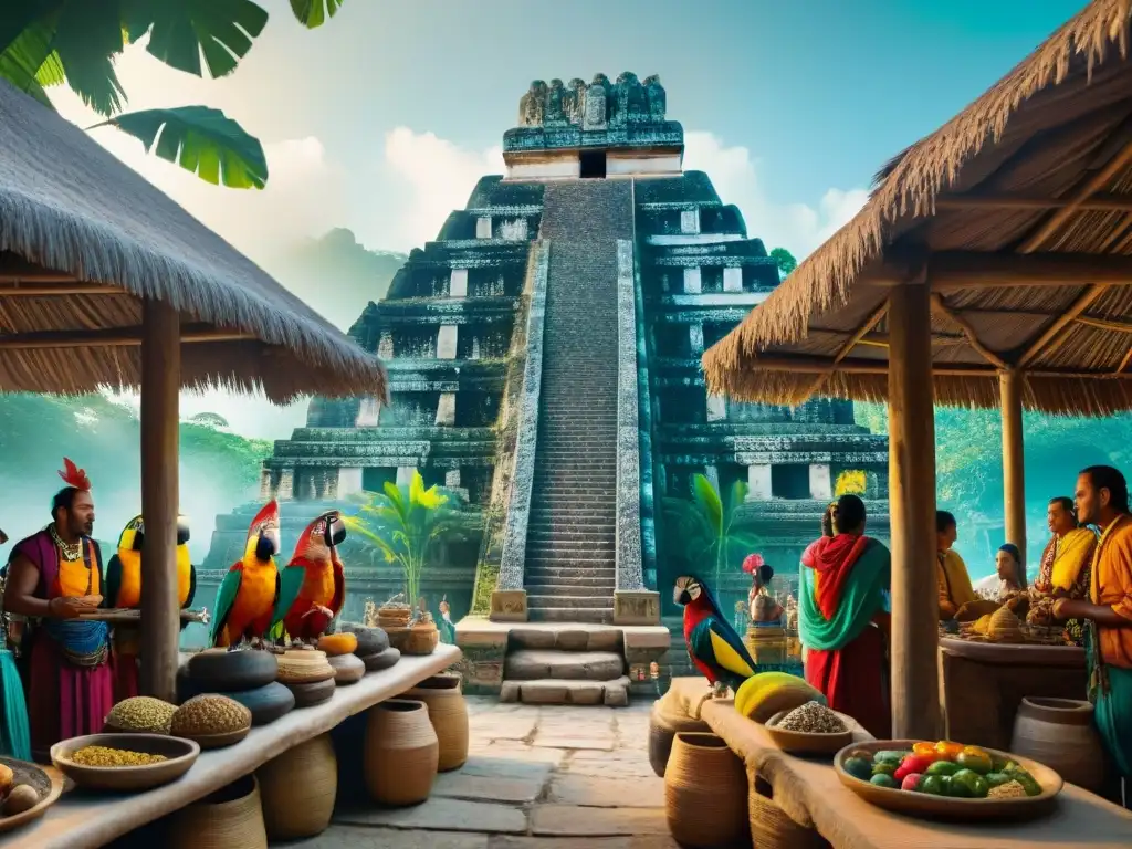 Mercado Maya: Colorido intercambio en ruinas ancestrales Un bullicioso mercado maya en las Rutas comerciales mayas, lleno de colores y cultura