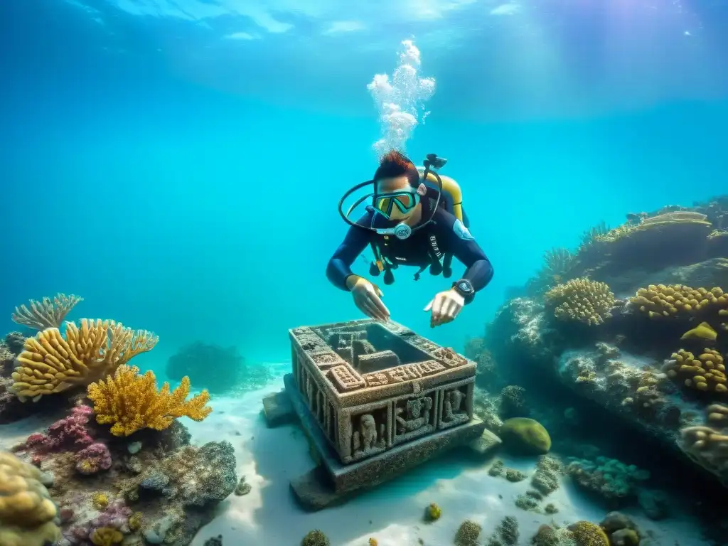 Un buzo experto cuidadosamente excavando una reliquia maya subacuática rodeado de arrecifes de coral y peces tropicales en aguas turquesas