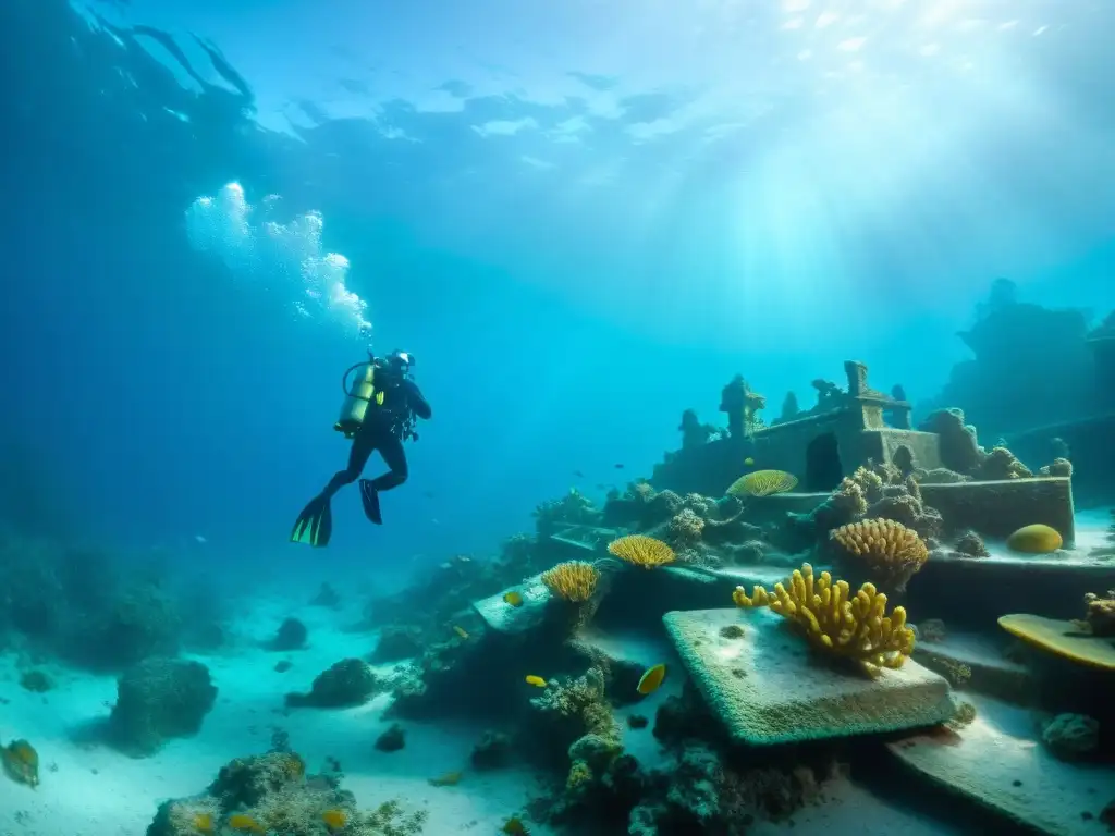 Un buzo explora un naufragio maya en el Caribe, con historias preservadas entre corales y peces coloridos