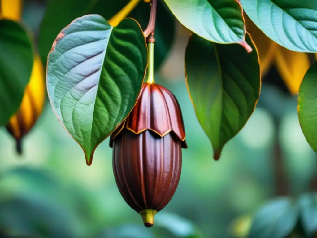 Cacao maduro colgando del árbol con gotas de lluvia