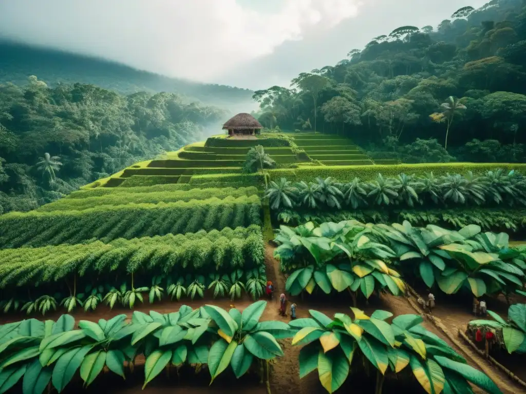 Plantación de cacao maya: árboles cargados de vainas maduras, agricultores locales cosechando con cuidado