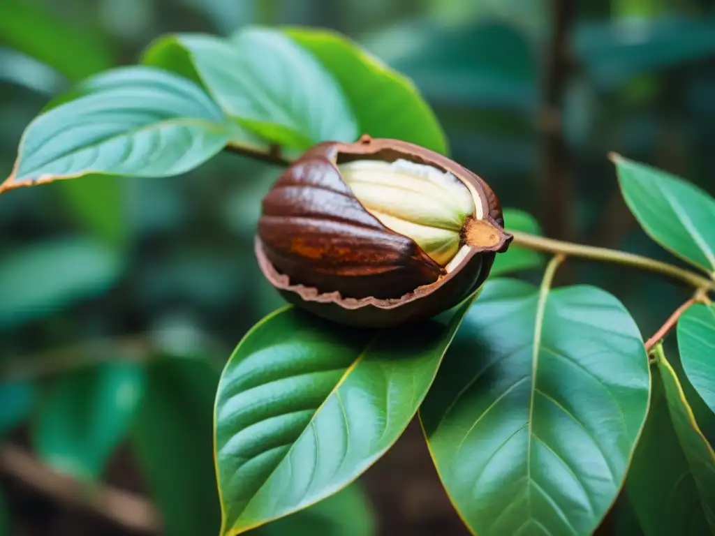 Un cacao maya recién cosechado con gran detalle, revelando sus beneficios en un entorno exuberante y fresco