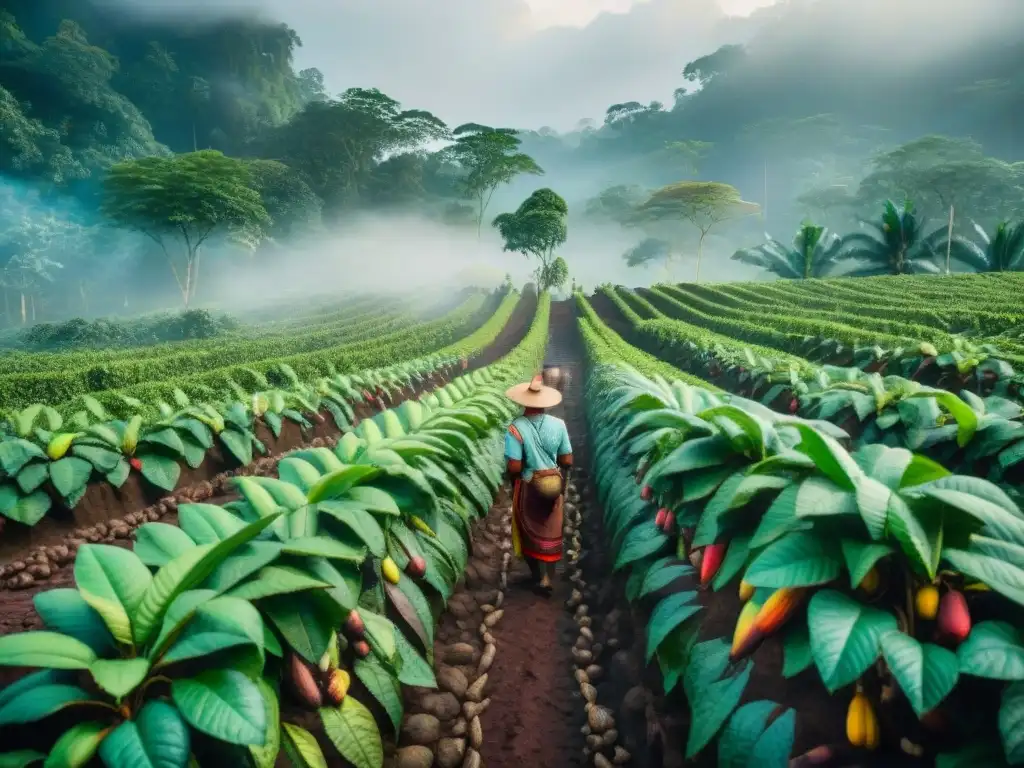 Plantación de cacao moderna con árboles frondosos cargados de vainas, agricultores mayas cuidando las plantas