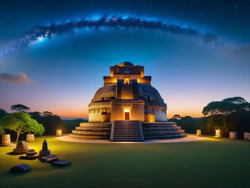 Cálculos astronómicos mayas y agricultura: Observatorio maya detallado al atardecer con estudiosos y decoraciones celestiales