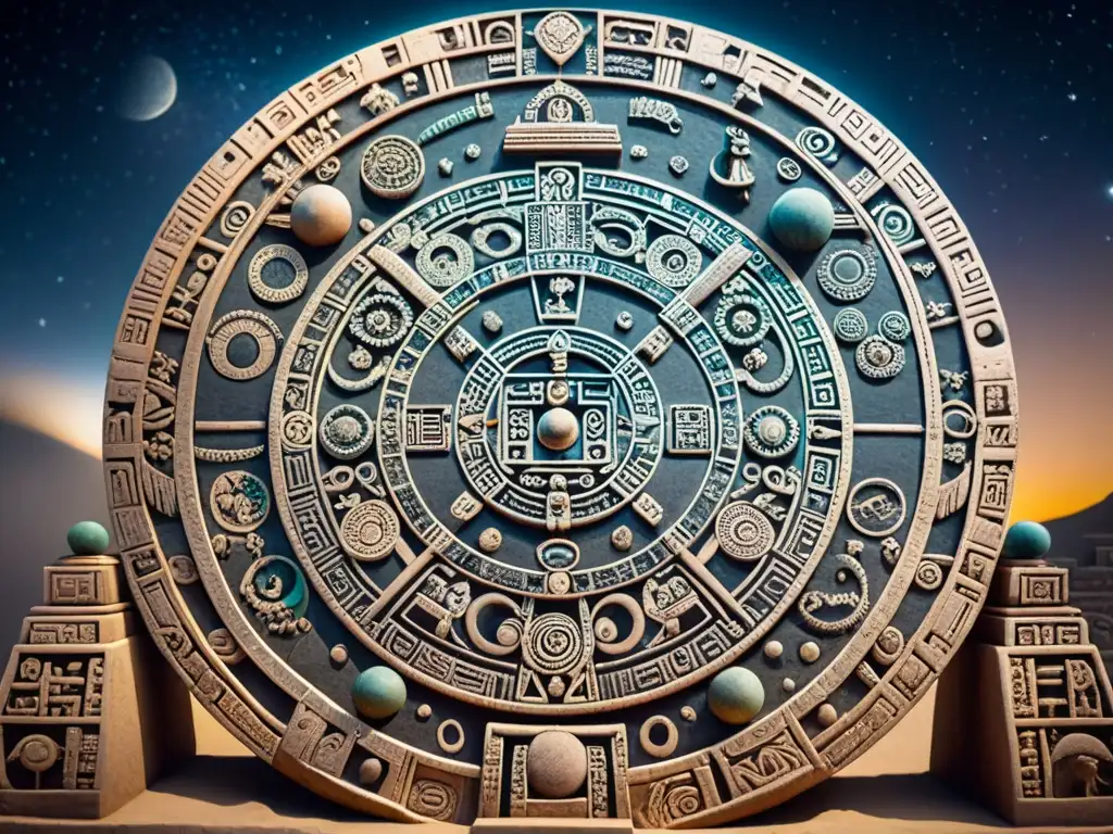 Calendario astronómico maya detallado en piedra, con técnicas mayas para pronosticar eventos celestes