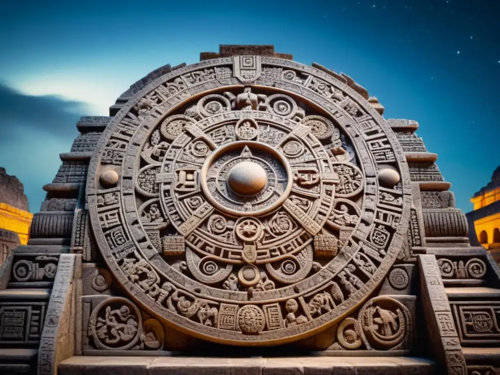 Calendario astronómico maya tallado en piedra, simbolizando el equilibrio cósmico en bienestar personal